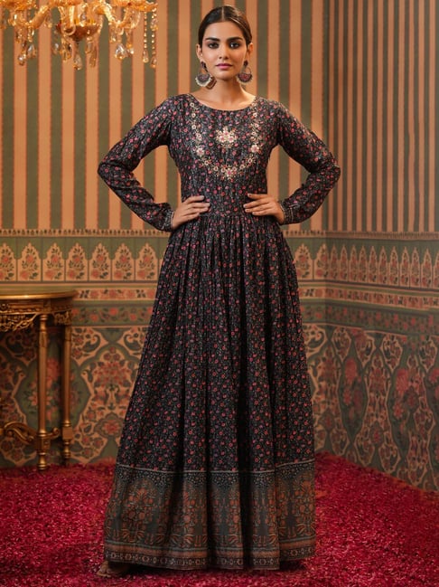 Buy SCAKHI Black Silk Floral Print Ethnic Dress for Women's Online