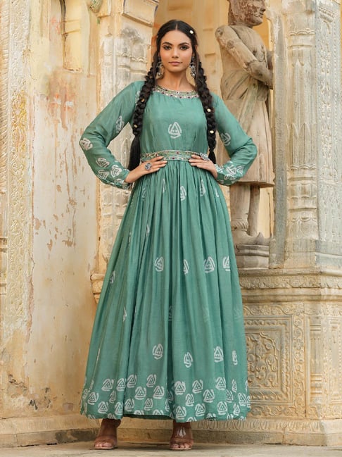 Buy SCAKHI Green Organza Floral Print Angrakha Pleated Ethnic Gown |  Shoppers Stop