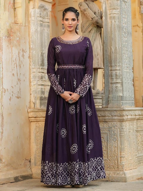 Buy ALAYA BY STAGE 3 Purple Solid Georgette V Neck Women's Ethnic Dress |  Shoppers Stop