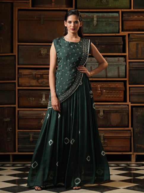 Shop Silk Gown Dress In Dark Green Color Online - Dmv15152