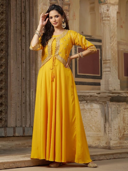 Buy Yellow Flared Printed Modern Ethnic Dress Online - Aurelia