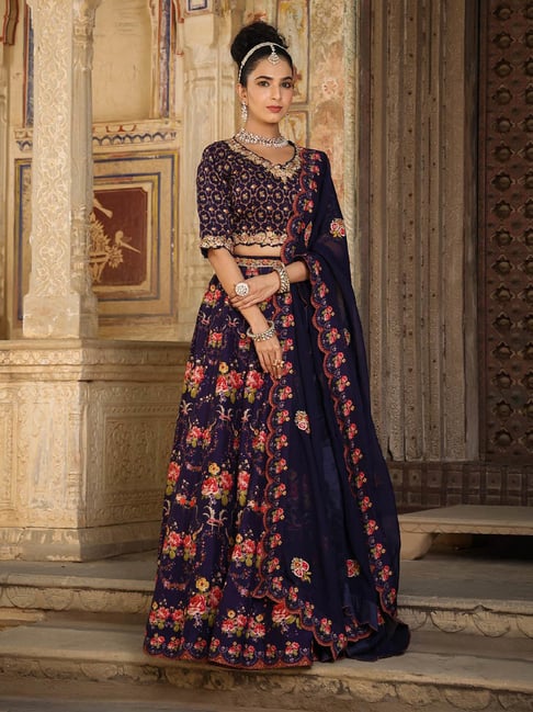 Navy Blue And Pink Long Choli Lehenga With Dupatta