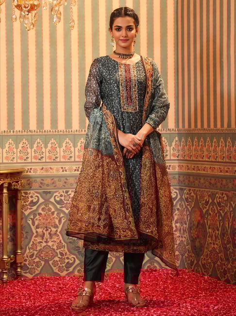 SCAKHI Teal Embroidered Kurta with Pants & Dupatta