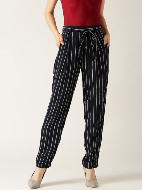 Buy Women Navy Blue  OffWhite Striped Trousers online  Looksgudin