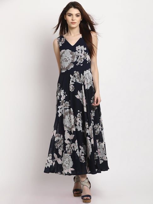 Rare Blue & Grey Floral Print Maxi Dress-picture-47