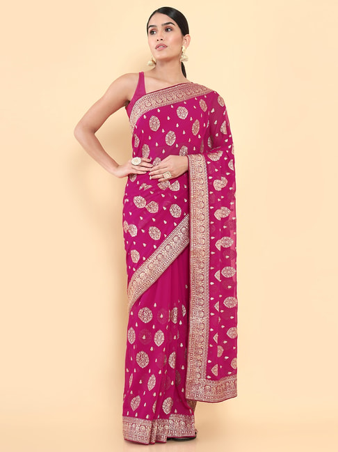 Soch Fuchsia Embroidered Saree With Unstitched Blouse Price in India