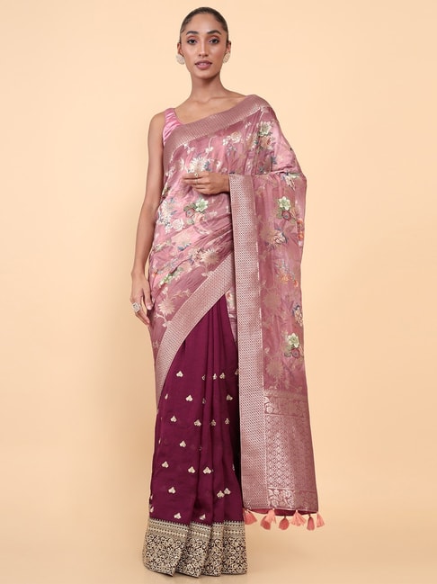 Soch Pink & Purple Silk Embroidered Saree With Unstitched Blouse Price in India