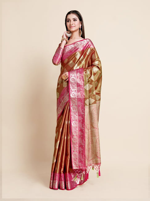 Mimosa Olive & Pink Printed Art Silk Kanjivaram Saree With Blouse