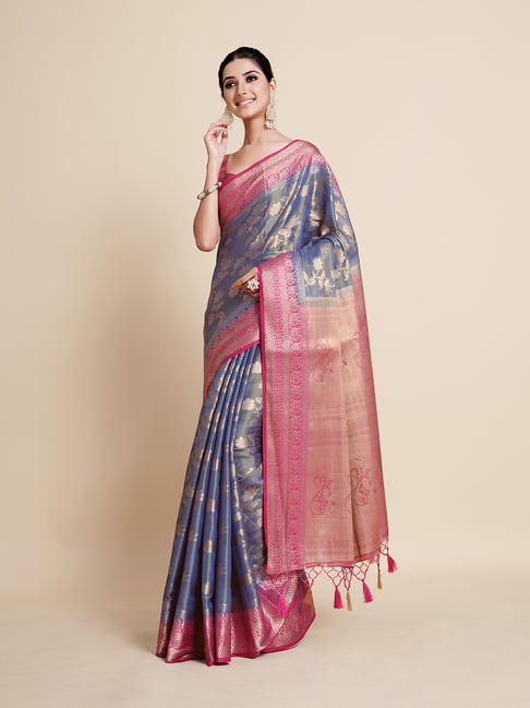 Mimosa Blue Printed Art Silk Kanjivaram Saree With Blouse