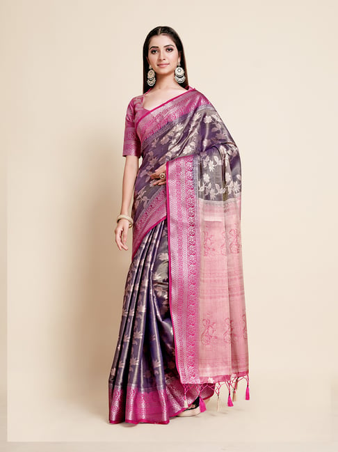 Mimosa Blue & Pink Printed Art Silk Kanjivaram Saree With Blouse