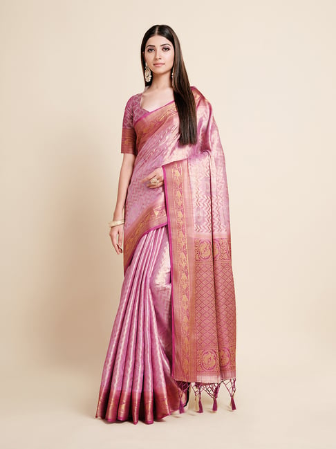 Mimosa Pink Printed Art Silk Kanjivaram Saree With Blouse