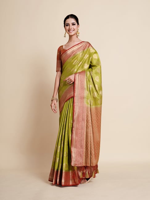 Mimosa Green Floral Print Art Silk Kanjivaram Saree With Blouse