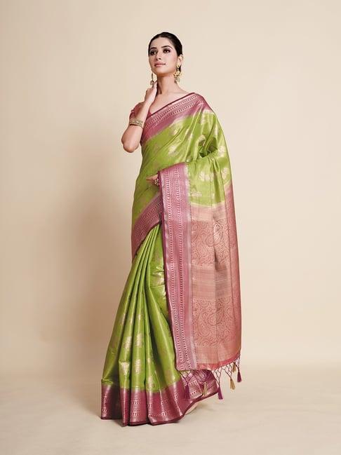 Mimosa Light Green Floral Print Art Silk Kanjivaram Saree With Blouse