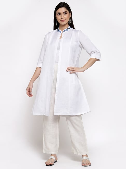 DART STUDIO White Linen Embroidered A Line Kurta-picture-23