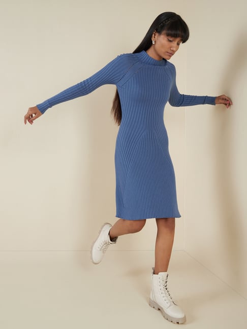 Nuon by Westside Indigo Ribbed Turtle-Neck Dress Price in India