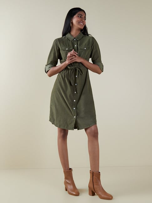 LOV by Westside Olive Corduroy Shirtdress Price in India