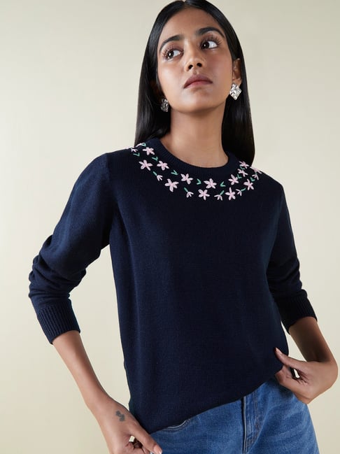 Buy LOV by Westside Navy Floral-Embroidered Sweater for Online
