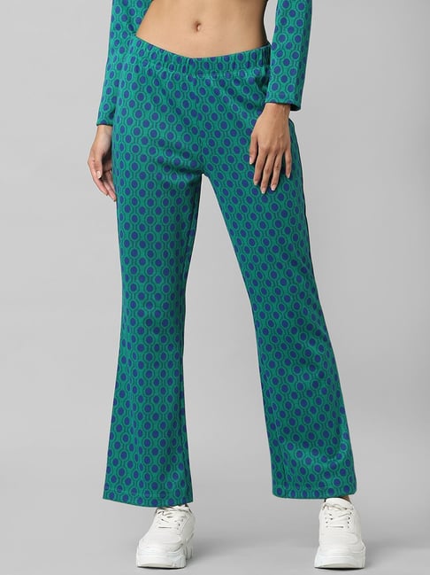 Only Teal Printed High Rise Regular Fit Jacquard Flare Pants