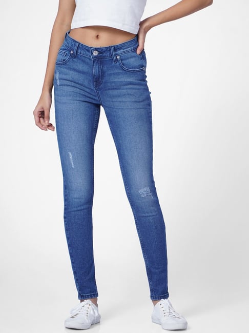 Only Blue Cotton Distressed Skinny Fit Mid Rise Jeans