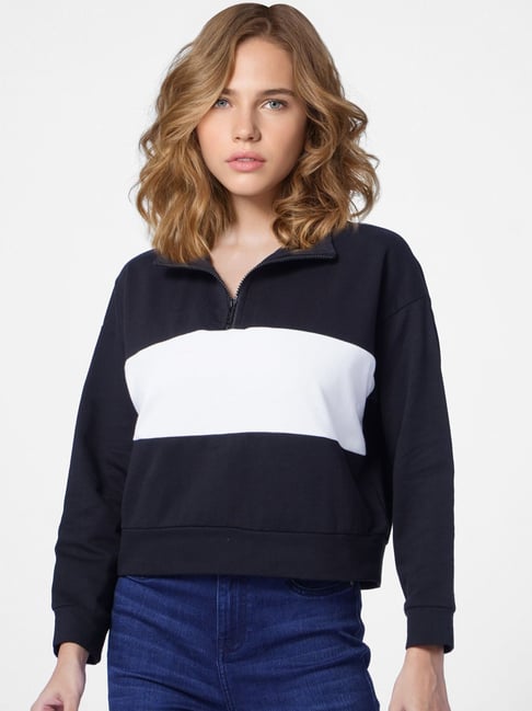 Only Black White Cotton Color-Block Zip Sweatshirt