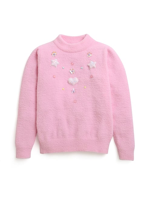 Buy Tiny Girl Pink Embellished Full Sleeves Sweater for Girls
