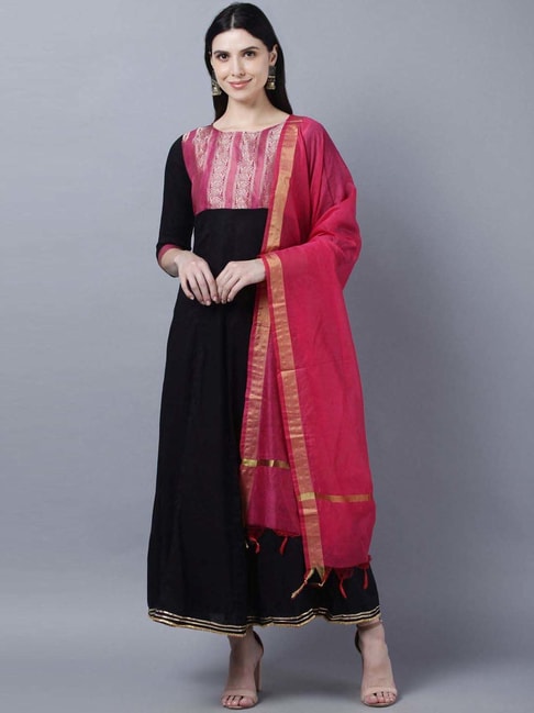 Myshka Black Woven Pattern Anarkali Kurta With Dupatta Price in India