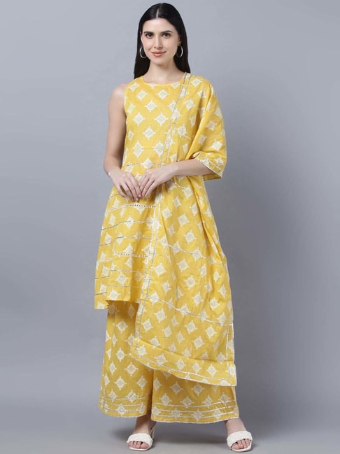 Myshka Yellow Cotton Printed Kurta Sharara Set with Dupatta Price in India