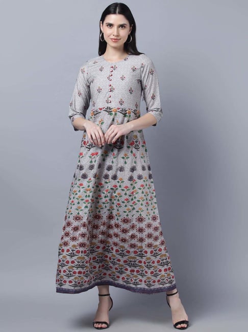 Myshka Grey Cotton Floral Print Maxi Dress Price in India