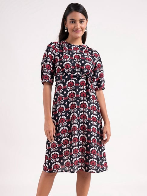 Fablestreet Black & Red Printed Wrap Dress Price in India