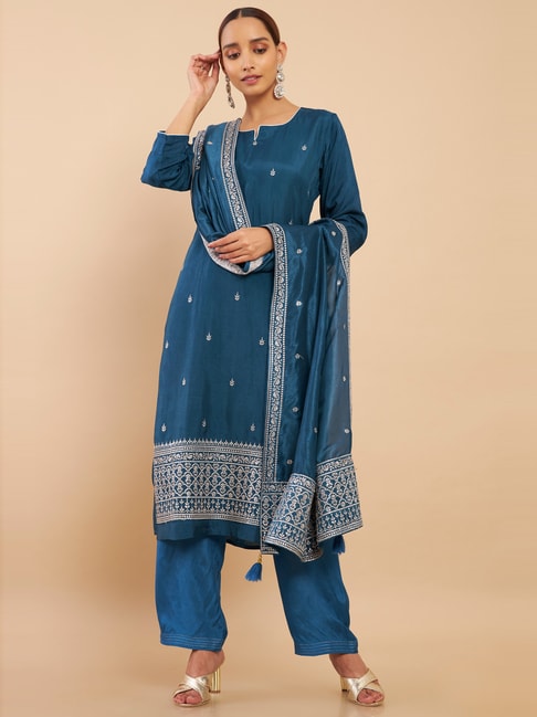 Soch Blue Embroidered Unstitched Dress Material