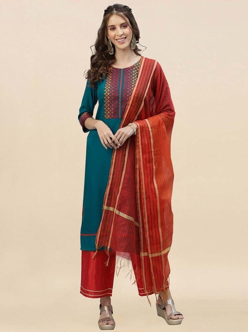 Satrani Teal Blue & Red Embroidered Kurta Palazzo Set With Dupatta Price in India