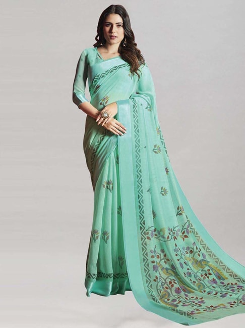 Satrani Turquoise Cotton Silk Floral Print Saree With Unstitched Blouse Price in India