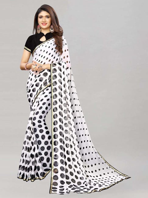 Satrani White & Black Leheriya Print Saree With Unstitched Blouse Price in India