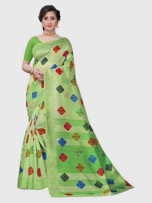 Satrani Parrot Green Geometric Print Saree With Unstitched Blouse Price in India