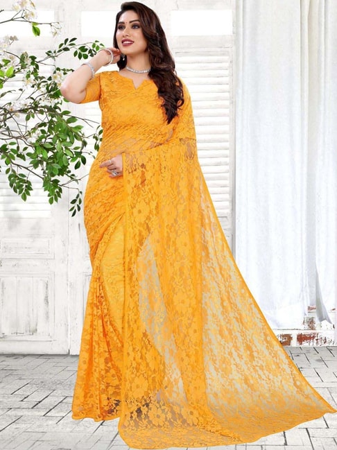 Satrani Turmeric Yellow Floral Print Saree With Unstitched Blouse Price in India