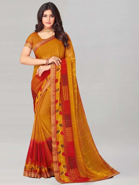 Satrani Turmeric Yellow & Red Striped Saree With Unstitched Blouse Price in India