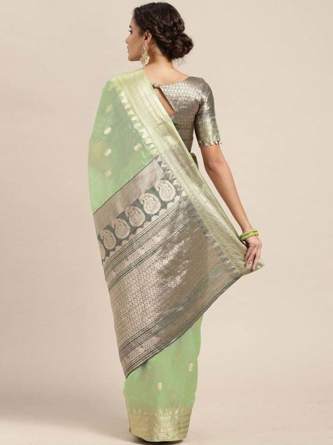 Buy Satrani Pista Green Woven Saree With Unstitched Blouse for