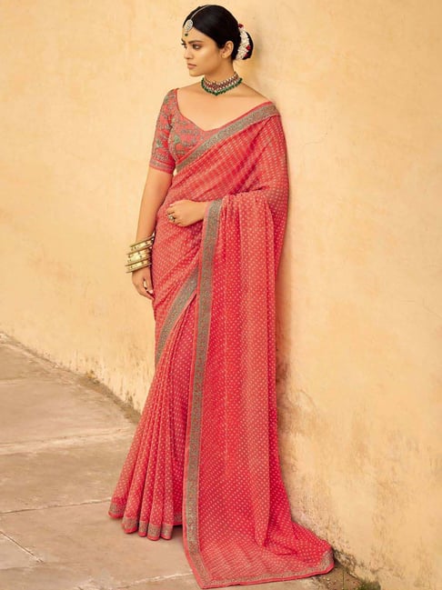 Satrani Coral & White Bandhani Print Saree With Unstitched Blouse Price in India