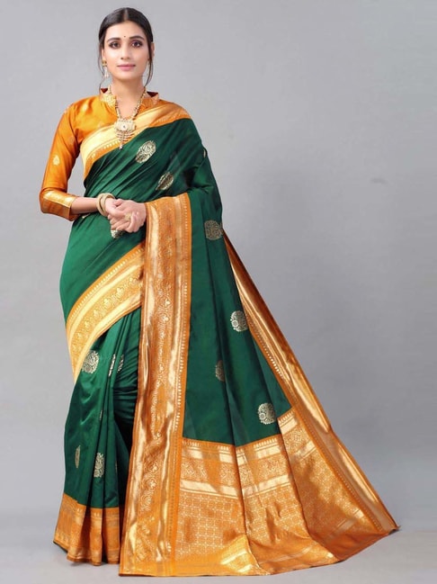 Dark Green silksaree with Orange Blouse | Saree accessories, Orange blouse,  South indian bride