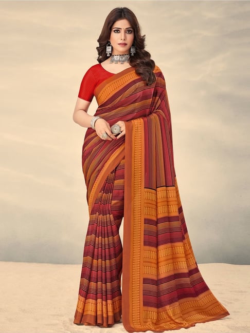 Satrani Turmeric Yellow & Maroon Striped Saree With Unstitched Blouse Price in India