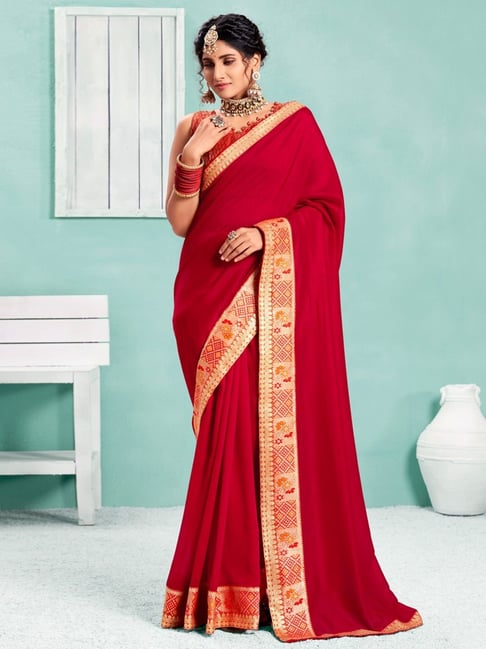 Satrani Red Silk Saree With Unstitched Blouse Price in India