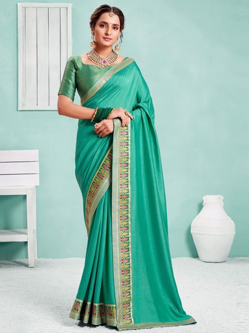 Satrani Turquoise Green Silk Saree With Unstitched Blouse Price in India