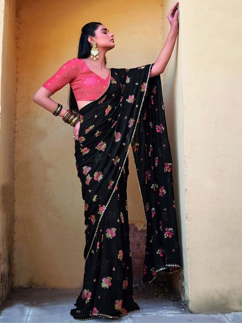 Satrani Black Floral Print Saree With Unstitched Blouse Price in India