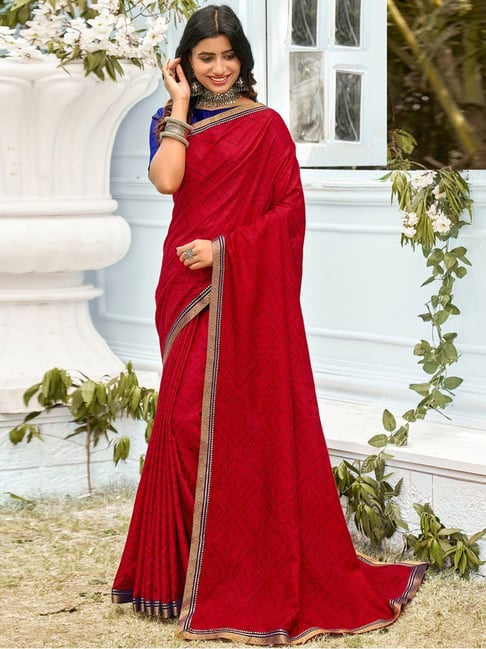 Red plain georgette patta party wear saree with matching blouse - Flourious  - 4172838