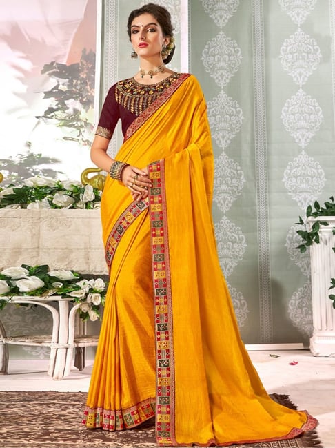 Buy Alphanso Yellow Sequined Satin Festive Wear Saree With Blouse From  Ethnic Plus