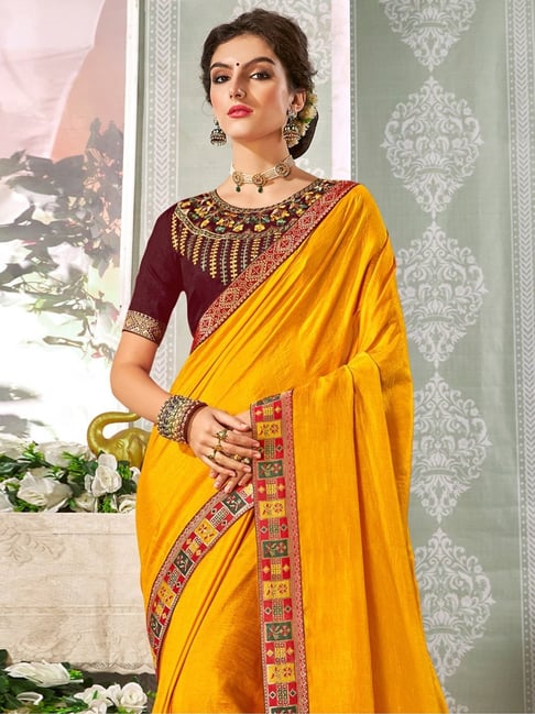 Buy Fashion Week Striped, Woven Bollywood Georgette, Chiffon Yellow Sarees  Online @ Best Price In India | Flipkart.com