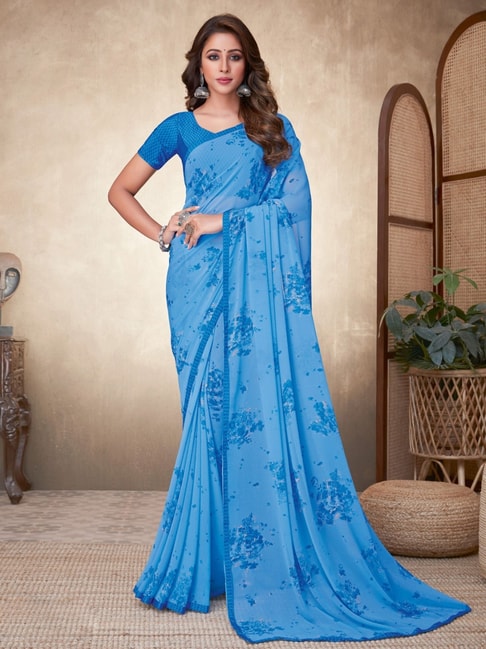 Satrani Blue Floral Print Saree With Unstitched Blouse Price in India