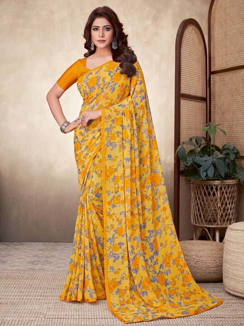 Satrani Yellow Floral Print Saree With Unstitched Blouse Price in India