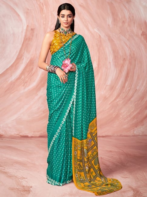 Satrani Turquoise Green Geometric Print Saree With Unstitched Blouse Price in India