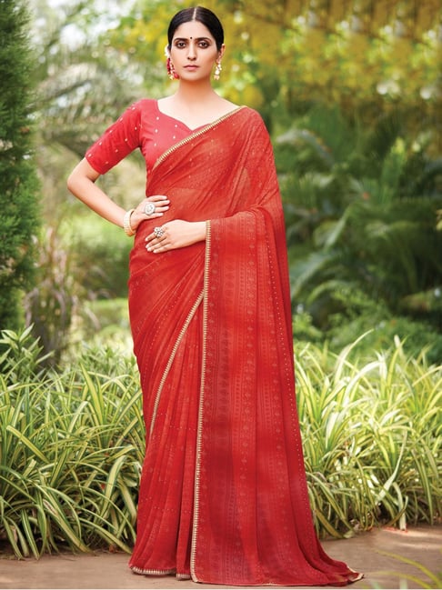 Satrani Red Textured Pattern Saree With Unstitched Blouse Price in India